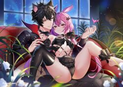 1boy 1girls artist_name ass asymmetrical_clothes black_hair bunny_ears bunny_girl cat_ears catboy couple duo duo_focus feet female female_focus female_on_top halloween heterochromia hi_res high_resolution highres indie_virtual_youtuber larger_male legs_up light-skinned_female looking_at_partner male muscular muscular_male nemui_mori_(artist) panties pink_eyes pink_hair revealing_clothes sitting sitting_on_person small_breasts smaller_female thick_thighs thighs twitch usagi_kira_(vtuber) virtual_youtuber