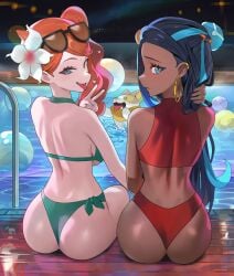 2girls aqua_eyes ass bikini black_hair blue_eyes brown_skin bubble_butt chocolate_and_vanilla clothing dark-skinned_female dark_skin double_ass_focus female female_focus flower_hair_ornament glasses glasses_on_head high_resolution hood_x_art large_ass light-skinned_female light_skin long_hair naughty_face nessa_(pokemon) nintendo outdoors peace_sign png pokemon pokemon_ss sitting sonia_(pokemon) water yamper