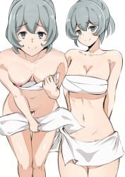 1girls artist_request belly_button blush breasts dungeon_ni_deai_wo_motomeru_no_wa_machigatteiru_darou_ka front_view girl grey_hair legs navel nipples nude nude_female pubic_hair smile smiling smiling_at_viewer syr_flover