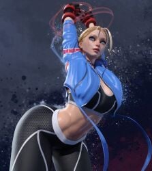 1girls 3d 3d_(artwork) belly_button big_ass big_breasts big_butt blonde_hair blue_eyes bottomwear cammy_stretch cammy_white clothed_female clothing curvaceous female female_focus female_only fully_clothed jacket leaning_forward light-skinned_female light_skin looking_away midriff popogori solo solo_female sports_bra street_fighter street_fighter_6 stretching thick_thighs yoga_pants