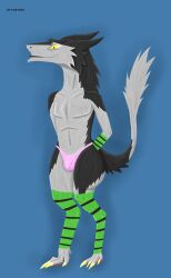 absurd_res anthro arm_warmers armwear ass big_butt bulge clothing feet foxtrot_borkvon foxtrotthesergal fur girly grey_body grey_fur hands_behind_back hi_res legwear male panties sergal simple_background smile solo tail tail_tuft thigh_highs tuft underwear wide_hips yellow_eyes