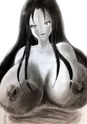 big_breasts black_and_white black_hair breasts dark_nipples female female_only huge_breasts lactating lactation mayumi_(milkyway8969) milk milking milkyway8969 monochrome nipples nude nude_female pov smiling traditional_art traditional_media traditional_media_(artwork)