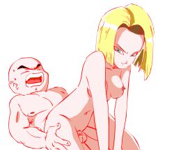 android_18 bald bald_man blonde_hair blue_eyes colored dragon_ball dragon_ball_z krillin kuririn muscular_male naked reverse_cowgirl_position simple_background tagme w.t.dinner