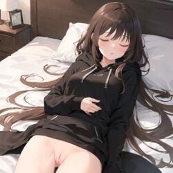 ai_generated asleep bed bedroom bottomless brown_hair cameltoe hoodie hoodie_only long_hair no_panties pussy pussy_peek pussy_slip sleeping thighs