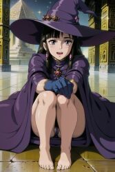 ai_generated bare_legs barefoot black_hair breasts clothing dress feet female female female_only hat headwear high_resolution large_breasts purple_dress purple_eyes retromage solo witch witch_hat young