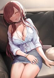 bangs blue_shirt blush bracelet breast_pocket breasts brown_hair choker cleavage closed_eyes collarbone female grey_skirt highres idolmaster idolmaster_shiny_colors jewelry large_breasts long_hair long_sleeves mk_(mod0) nail_polish no_bra no_panties open_mouth osaki_amana pocket pussy pussy_peek shirt sitting skirt sleeping solo thighs uncensored