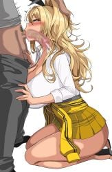 1boy animal_print asian_male black_choker blonde_hair blush breasts censored choker cleavage cum cum_down_throat cum_in_mouth deep_throat drogod_(artist) fellatio female from_side goddess_of_victory:_nikke green_eyes gyaru hair_intakes has_uncensored_version highres kneeling kogal korean_commentary large_breasts leopard_print light-skinned_female light_skin long_hair long_sleeves male_pubic_hair mosaic_censoring oral oral_creampie oral_sex penis pubic_hair rupee_(nikke) see-through shirt simple_background skirt solo_focus tan-skinned_female tan_body thighs white_background white_shirt x-ray yellow_skirt