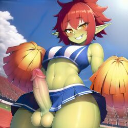 1futa ai_generated big_penis cheerleader futa_only futanari ginger_hair goblin goblin_futa green_skin intersex novelai penis pointy_ears shortstack thick_thighs