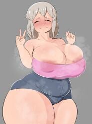 1girls areola_slip areolae big_breasts blue_shorts blush breasts cleavage closed_eyes clothing female female_only grey_hair hair hips huge_breasts inkodoku mature mature_female mature_woman milf mother peace_sign pink_topwear shorts solo solo_female thick_thighs thighs uzaki-chan_wa_asobitai! uzaki_tsuki wide_hips