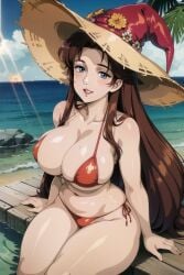 ai_generated beach bikini blue_eyes breasts brown_hair clothing female female female_only hat headwear high_resolution large_breasts mature mature_female red_bikini retromage solo sunlight witch witch_hat