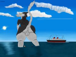 absurd_res anthro ass balls big_butt boat foxtrot_borkvon foxtrotthesergal fur genitals grey_body grey_fur hi_res looking_at_viewer macro male nude sea sergal ship sky solo vehicle water watercraft yellow_eyes