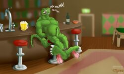 alcohol bar beer beer_belly belly beverage bodily_fluids bondage bound connors cum curt curt_connors feathers genital_fluids genitals giggling laugh lizard male male/male marvel muscular muscular_male nude overweight penis precum public reptile scalie spider-man_(series) the the_lizard the_lizard_(marvel) tickling