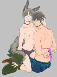 2boys age_difference alternate_costume animal_ears ass_cleavage boots bound bound_wrists brown_hair butt_crack coat collar fur_trim gintama glasses hand_on_another's_head hijikata_toshiro kemonomimi looking_at_viewer looking_back male male_only mememe_999 nipple_piercing nipple_rings off_shoulder open_jacket rabbit_boy rabbit_ears restrained ribbon_bondage shimura_shinpachi sitting teen_boy teenager topless topless_male twink underwear yaoi