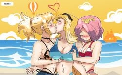 3girls artist_request beach bikini dr.stone female female_only kissing kohaku_(dr.stone) luna_wright minami_hokutozai swimsuit tongue yuri