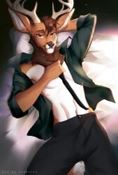 anthro aroused athletic athletic_anthro athletic_male bottomwear brown_body brown_eyes brown_fur brown_hair bulge clothed clothing dark_hair deer erection erection_under_clothing fur genital_outline hair hi_res horn lucian_(badideasbureau) male mammal morning_wood neck_tuft necktie open_clothing open_shirt open_topwear pants penis_outline pinup pose sadbitch shirt short_hair solo topwear tuft white_body white_fur