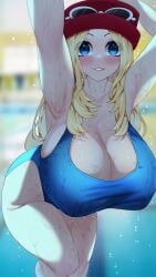 1girls alternate_breast_size big_eyes blonde_hair blue_eyes blush breasts breasts_bigger_than_head cleavage competition_swimsuit female female_only hat huge_breasts human human_only indoors large_breasts light-skinned_female light_skin long_hair looking_at_viewer massive_breasts nintendo one-piece_swimsuit pokemon pokemon_xy serena_(pokemon) serena_(pokemon_games) solo solo_female sumisumii swimsuit wet