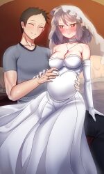 1boy 1girls blush braid bridal_gloves bridal_veil bride couple elbow_gloves embarrassed fault_milestone female french_braid happy pink_eyes pregnant purple_hair ritona_reighnvhasta sitting sitting_on_lap straight wedding_band wedding_dress wedding_ring wedding_veil white_dress white_gloves