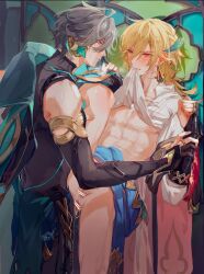 2boys abs against_wall alhaitham_(genshin_impact) anal anal_insertion anal_sex bare_legs bare_thighs biting biting_clothes biting_shirt blonde_hair blonde_male blush blushing_profusely censored cock cum cum_drip cum_in_ass cum_inside cum_on_body cum_on_penis cum_on_thighs earphones earpiece earrings feather_hair flushed flushed_face gay gay_sex genshin_impact gloves grey_hair half_dressed hardcore hardcore_sex headphones kaveh_(genshin_impact) leg_grab legs legs_up lifting_shirt male male/male male_only multicolored_hair muscles muscular muscular_male naked nipples nude nude_male panting penis_out pinned_arms pinned_to_wall red_eyes rough_sex sweat sweatdrop sweating thighs thrusting twink yaoi