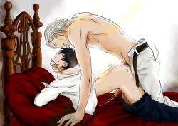 2boys age_difference anal anal_sex arched_back bar_censor bcjam bent_over black_hair bodily_fluids censored dilf erection from_behind gintama head_back hijikata_toshiro male male_only mature_male neck_grab older_dom_younger_sub older_penetrating_younger on_bed open_pants pants_down penis precum sasaki_isaburo topless_male unbuckled_belt yaoi