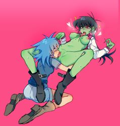 2d_(gorillaz) black_hair blue_hair blush boots cunnilingus female female_only full_body functionally_nude gorillaz green_skin hairless_pussy heterochromia hi_res long_fingernails long_tongue medium_breasts meme_mother_star_eight_o'clock murdoc_niccals on_back open_jacket open_mouth pink_background pussy rule_63 sharp_fingernails shaved_pussy spiky_hair stuart_pot sweat tongue_out uncensored yuri