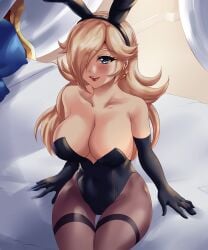 arm_gloves barely_clothed barely_covered big_breasts black_bunny_ears black_bunnysuit black_gloves breasts bunny_ears bunny_girl bunnysuit dress earrings gloves hips huge_breasts leonart mario_(series) nintendo pantyhose princess_rosalina royal royalty sitting sitting_on_bed smile smiling super_mario_galaxy thick thick_thighs thighs wide_hips