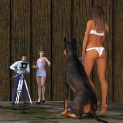 2girls 3d brown_hair camera canine doberman female fit_female greta_a jollybizz lingerie male model photo photoshoot skinny slim_waist zoophilia