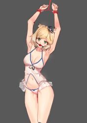 1girls 2020s 2023 animal_ear_fluff animal_ears arknights armpits ball_gag bare_arms bare_legs bare_shoulders bare_thighs belly belly_button bikini blonde_hair blush bondage bound breasts cat_ears collarbone cowboy_shot green_eyes hat hips leash mousse_(arknights) qaq_baiguang rope rope_bondage short_hair simple_background skimpy skimpy_bikini smile solo standing stomach thighs underwear