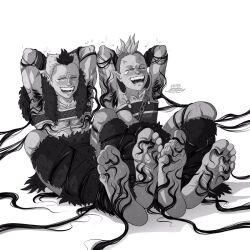 2boys armpit_hair barefoot black_and_white blush demon ginta_(inuyasha) hair hakkaku inuyasha male_feet male_foot_fetish male_only tickle_torture ticklerdraftsman tickling tickling_armpits tickling_chest tickling_feet