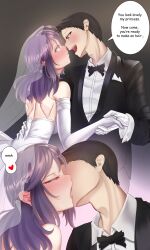 1boy 1girls blush braid bridal_gloves bridal_veil bride comic couple dialogue embarrassed fault_milestone female french_braid gown groom impregnation_request kissing long_dress looking_away nemo_(artist) pink_eyes purple_hair ritona_reighnvhasta shy speech_bubble straight suit tuxedo wedding_attire wedding_dress wedding_gloves wedding_ring wedding_veil white_dress white_gloves