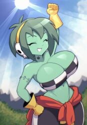 1girls big_breasts breast_focus breasts breasts_focus busty cakecatboy catboymech cleavage closed_eyes day daytime female female_only green_body green_hair green_skin large_breasts medium_hair outdoors outside rottytops shantae smile smiling smooth_skin solo stitches wayforward zombie zombie_girl