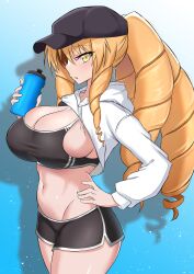 1girls bangs baseball_cap big_breasts black_headwear black_shorts black_sports_bra blonde_hair blue_background blush bottle breasts bursting_breasts busty cleavage coyomin cropped_jacket dolphin_shorts drawstring drill_hair fate/kaleid_liner_prisma_illya fate_(series) female female_only gradient_background hand_on_hip hat highres hood hooded_jacket jacket large_breasts long_hair long_sleeves looking_at_viewer luviagelita_edelfelt navel open_mouth ponytail pose sensual shadow short_shorts shorts shrug_(clothing) sideboob sidelocks solo sports_bra thighs toned very_long_hair voluptuous water_bottle yellow_eyes