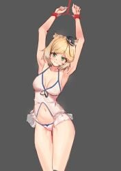 1girls 2020s 2023 animal_ear_fluff animal_ears arknights armpits bare_arms bare_legs bare_shoulders bare_thighs belly belly_button bikini blonde_hair blush bondage bound breasts cat_ears collarbone cowboy_shot green_eyes hat hips leash mousse_(arknights) qaq_baiguang rope rope_bondage short_hair simple_background skimpy skimpy_bikini smile solo standing stomach thighs underwear