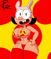 anthro background bikini black_hair bunny_mask female female_only huge_breasts huge_thighs noisette_(pizza_tower) pizza_bikini pizza_tower red_stockings short_hair smile thick_thighs