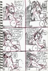 anthro beverage bodily_fluids bovid bulge caprine clothed clothing comic cum english_text erection erection_under_clothing eugene_(r4t1cky) genital_fluids goat hi_res horn male mammal masturbation mature_male nipples orgasm penile penile_masturbation phone_call r4t1cky sitting solo text traditional_media_(artwork)