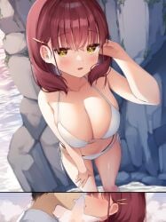 big_breasts bikini bikini_bottom bikini_top imminent_kiss kiss muninshiki original original_character red_hair side_tie_bikini tagme white_bikini