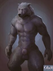 abs animal_genitalia anthro balls blaidd_(elden_ring) canid canine canis claws drakawa elden_ring fromsoftware fully_sheathed fur genitals grey_body grey_fur male male_only mammal muscular muscular_anthro muscular_male nude pecs purple_eyes sheath solo standing wolf