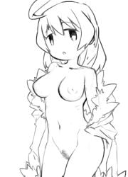 absurdres ahoge armpit_hair breasts coat female female_pubic_hair fur-trimmed_coat fur_trim girls'_last_tour highres long_hair looking_at_viewer medium_breasts monochrome navel nipples nude ogihara_mach pubic_hair shoujo_shuumatsu_ryokou sketch solo white_background yuuri_(shoujo_shuumatsu_ryokou)