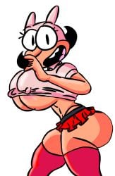 anthro black_hair female_only huge_ass huge_breasts nipple_bulge noisette_(pizza_tower) pizza_tower red_stockings short_hair skirt skirt_lift thick_thighs