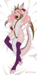 absurd_res anthro belly_scales big_breasts breasts chains clothing dragon female genitals hair hand_behind_head hi_res horn legwear lying mostly_nude nipples non-mammal_nipples on_back pink_body pink_eyes pink_hair pink_scales pussy scales scalie smile solo stockings thigh_highs w4g4