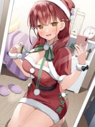 big_breasts blush cleavage holidays mirror muninshiki original original_character red_hair santa_costume selfie skirt