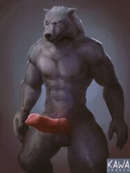 abs animal_genitalia animal_penis anthro balls big_penis blaidd_(elden_ring) canid canine canine_genitalia canine_penis canis claws drakawa elden_ring erection fromsoftware fur genitals grey_body grey_fur knot male male_only mammal muscular muscular_anthro muscular_male nude pecs penis purple_eyes solo standing wolf