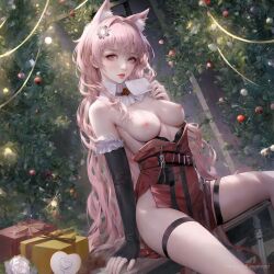 1girls ai_generated arknights bare_arms bare_breasts bare_legs bare_thighs blush breasts christmas extra_ears female female_only gloves hair_ornament letter long_hair looking_at_viewer nipples pink_eyes pink_hair pozyomka_(arknights) ravenherdai sitting solo thigh_strap thighs very_long_hair wolf_ears wolf_girl