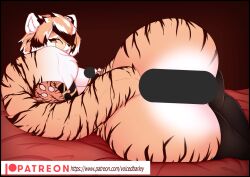 anthro arknights ass eyewear felid female fur hair hi_res hypergryph looking_at_viewer mammal orange-tinted_eyewear orange_body orange_fur pantherine presenting solo studio_montagne sunglasses tiger tinted_eyewear voicedbarley waai_fu_(arknights)