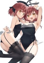 2girls big_breasts bunny_ears bunny_tail bunnysuit female female_only garter_straps muninshiki original original_character red_hair small_breasts thighhighs yellow_eyes