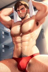 1boy ai_generated baradise_ai clothed gay hairy hairy_armpits hairy_chest hairy_male hairy_thighs jockstrap locker_room male sweat sweatdrop sweating sweaty underwear