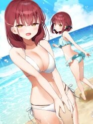 2girls beach big_breasts bikini bikini_bottom bikini_top blush female female_only multiple_girls muninshiki small_breasts twins