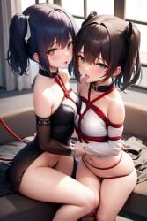 1girls blindfolded blue bondage breasts clothed female girl hair in leash ohegao only panties short sitting small