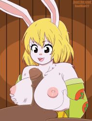 1boy 1girls anime_eyes anthro balls black_body breast_play breasts carrot_(one_piece) cute_eyes duo erection female genitals hetero hi_res human human_on_anthro lagomorph leporid male male/female mammal nipples one_piece paizuri penis rabbit sex smile snailbail22 straight titjob