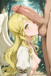 1boy1girl 1girls ai_generated clothing cock_worship dress exposed_breasts fire_emblem fire_emblem:_path_of_radiance fire_emblem:_radiant_dawn hetero large_penis leanne_(fire_emblem) one_eye_closed penis_on_face pinku.ai puffy_nipples small_breasts testicles wings yellow_hair