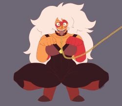 abs body_suit cameltoe chain_leash cleavage collarbone dog_collar dog_pose gem_(species) grey_background gummidx jasper_(steven_universe) medium_breasts muscular muscular_female no_background offscreen_character offscreen_dominant orange_body orange_eyes orange_skin platinum_blonde_hair steven_universe tagme thick_thighs thighs tongue tongue_out white_hair